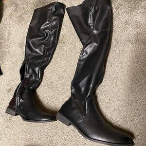 🆕Women Pu Black Over The Knee Boots Thigh High Low Block Heel Pointed Toe Boot
